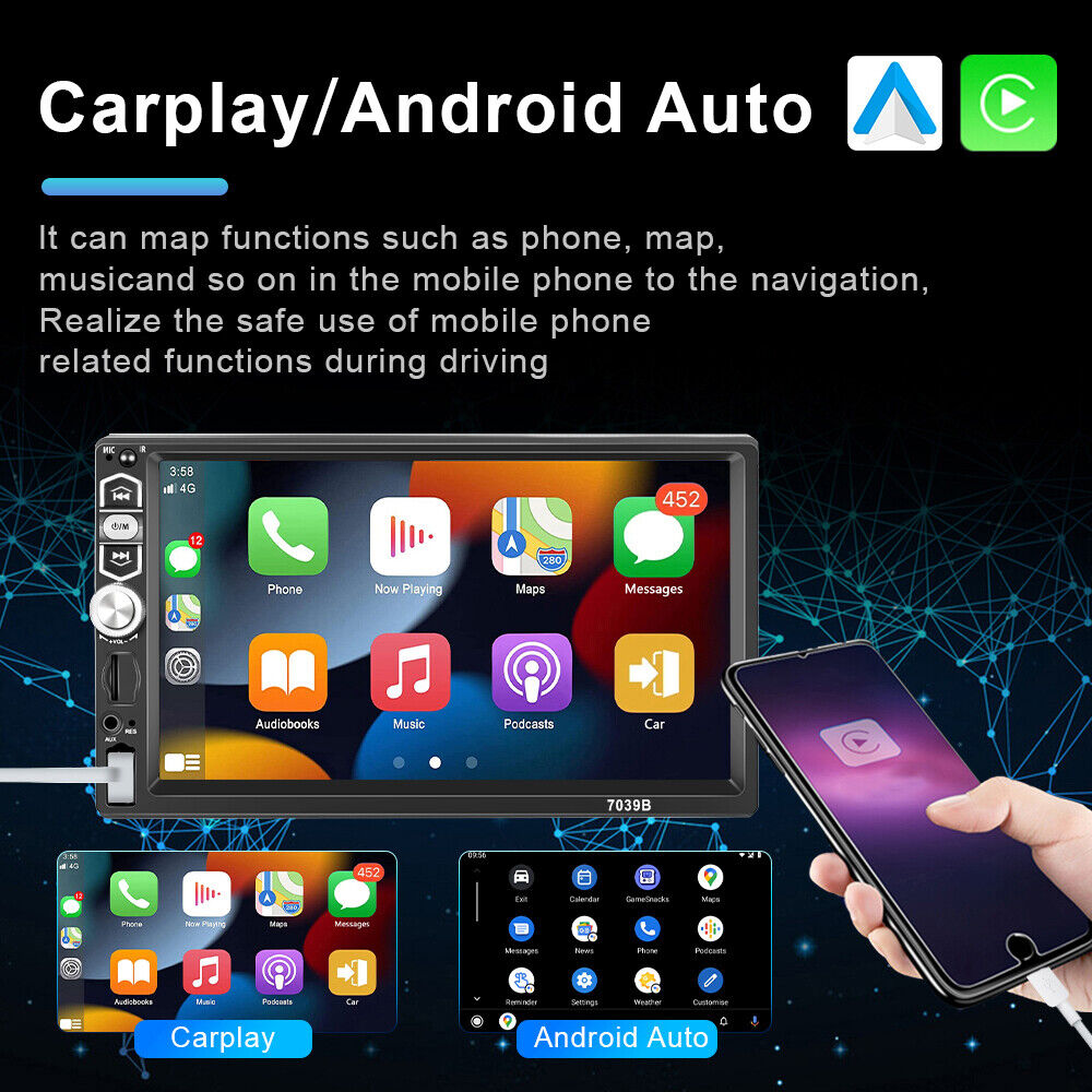7" Single 1Din Touch Screen Car Stereo Radio For Apple/Android CarPlay Bluetooth