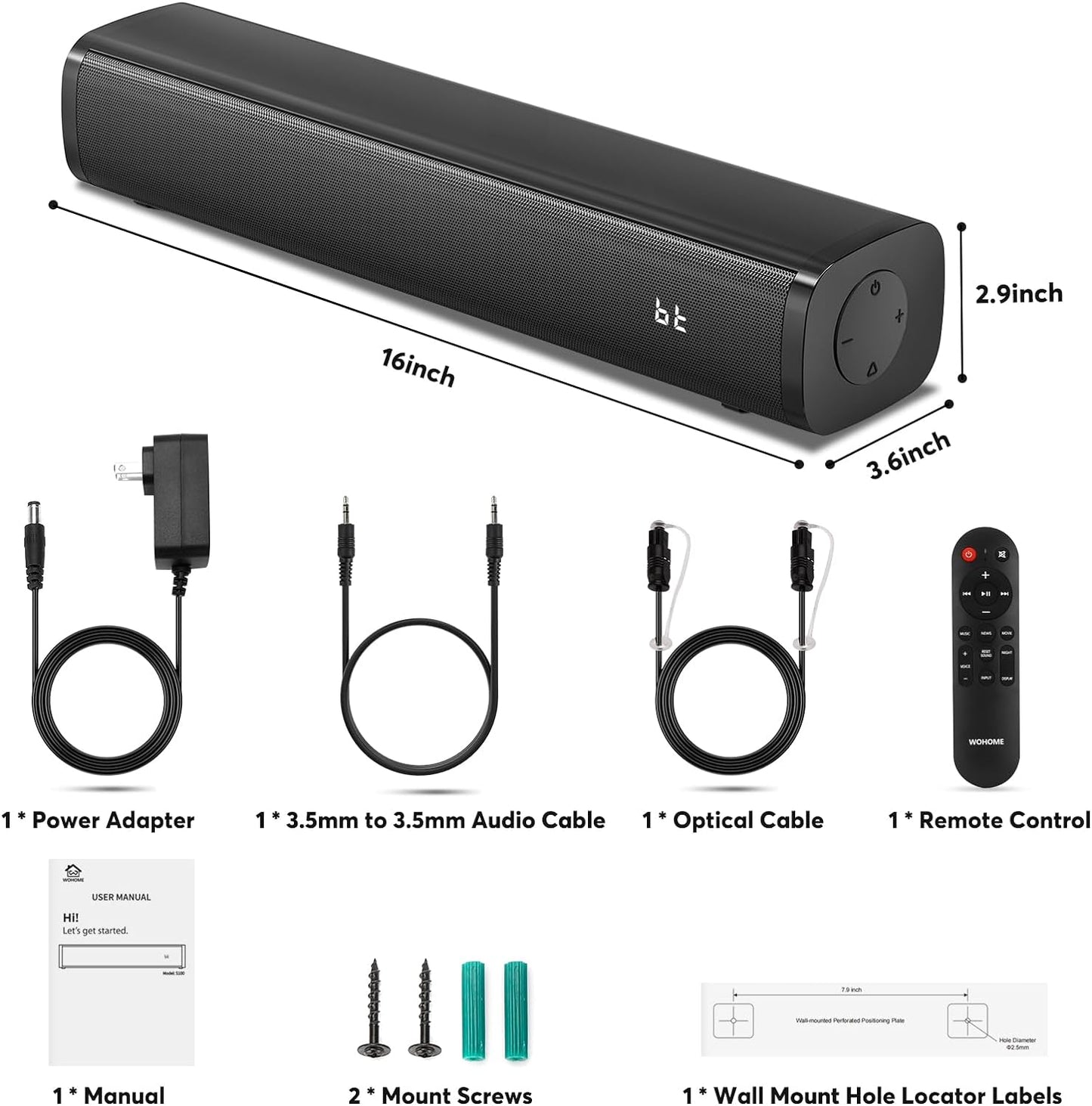 Wohome 2.1ch Small Sound Bars for TV with 6 Levels Voice Enhancement, Built-in Subwoofer, 16 Inches Bluetooth Soundbar Speakers with Optical/AUX/USB Connection, S100 (Pure Black)