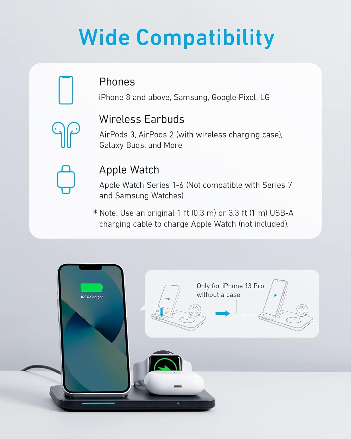 Anker Foldable 3-in-1 Wireless Charging Station with Adapter, 335 Wireless Charger, for iPhone 15/14, AirPods Pro, Apple Watch Series 1-6 (Works with Original 1m/3.3ft USB-A Cable, Not Included)