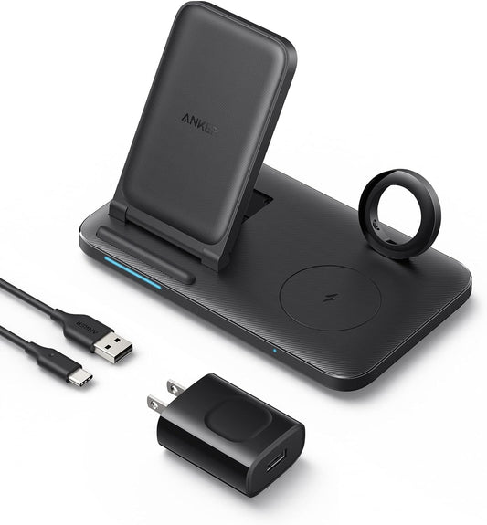 Anker Foldable 3-in-1 Wireless Charging Station with Adapter, 335 Wireless Charger, for iPhone 15/14, AirPods Pro, Apple Watch Series 1-6 (Works with Original 1m/3.3ft USB-A Cable, Not Included)