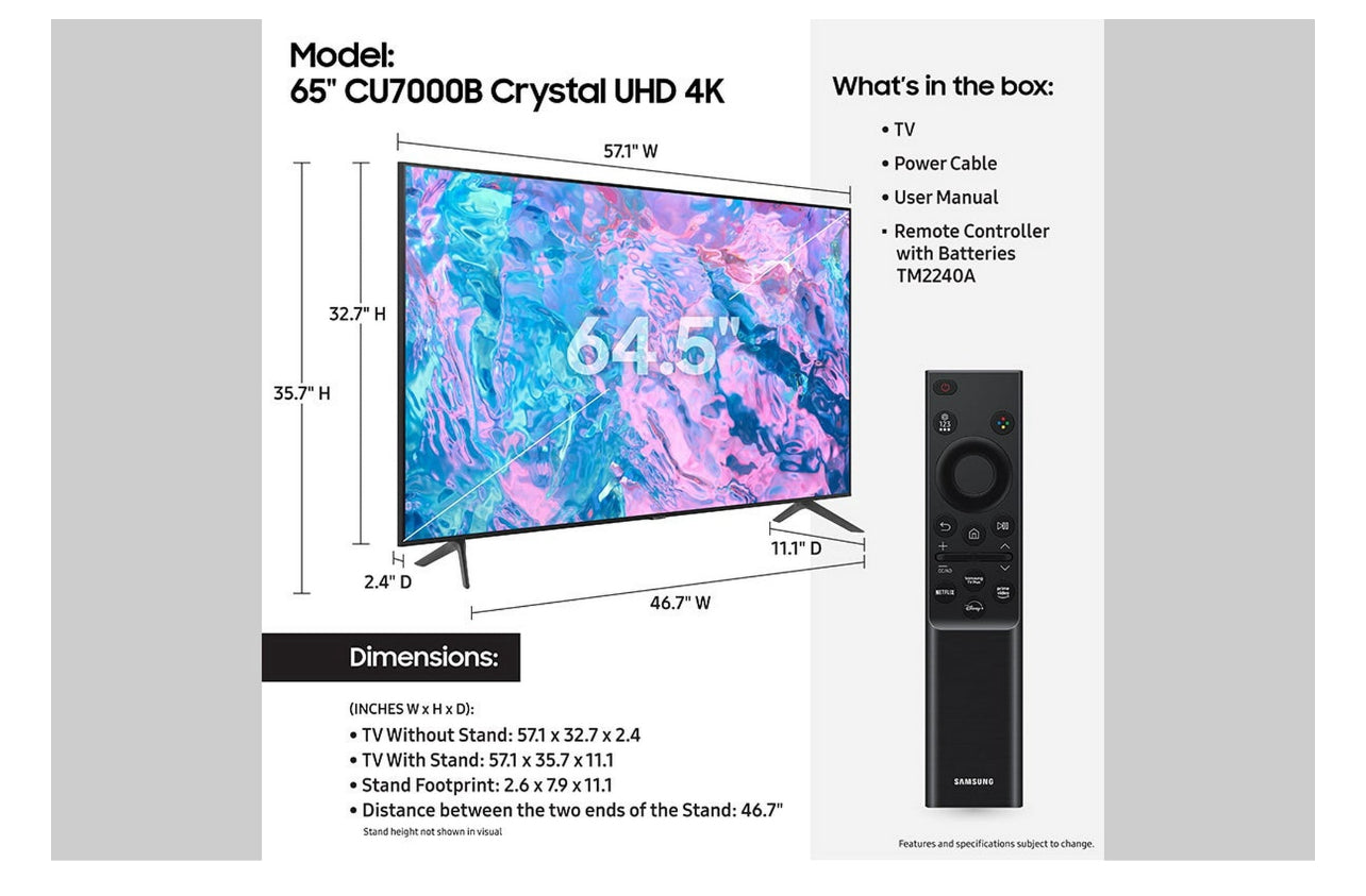 SAMSUNG 65" Class CU7000B Crystal UHD 4K Smart Television UN65CU7000BXZA